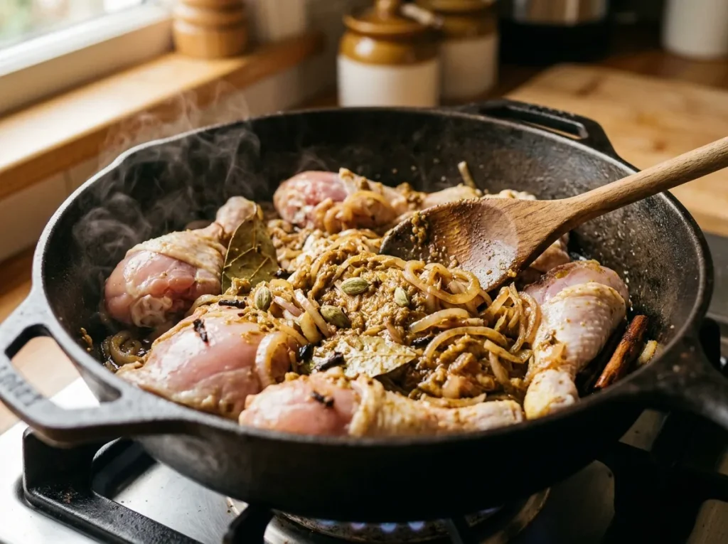 Chicken pieces coated with biryani masala and onions in a cooking pot