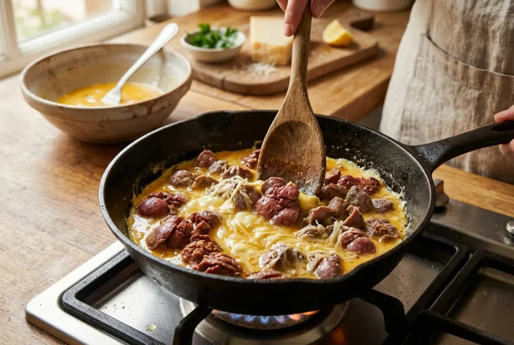 Chicken livers and gizzards mixed with eggs and Parmesan