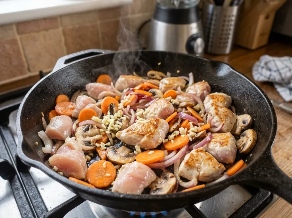 Chicken strips cooking with carrots, onions, and mushrooms