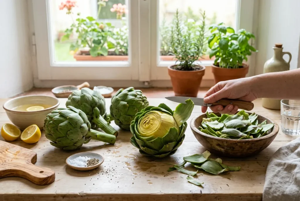 Fresh artichokes being cleaned for artichoke carpaccio