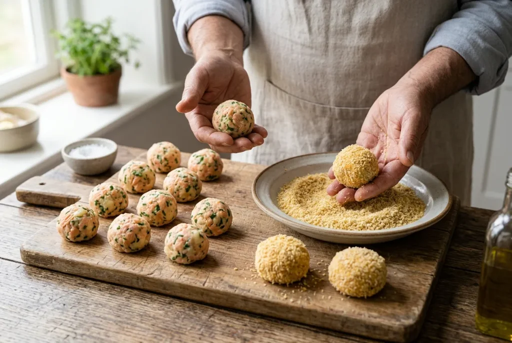 Homemade salmon and potato balls coated in breadcrumbs before cooking.
