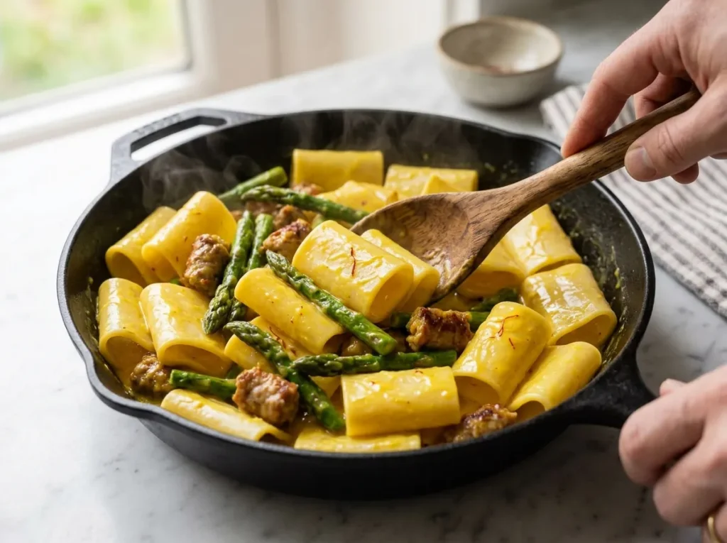 Combining paccheri pasta with asparagus, Italian sausage, and creamy sauce