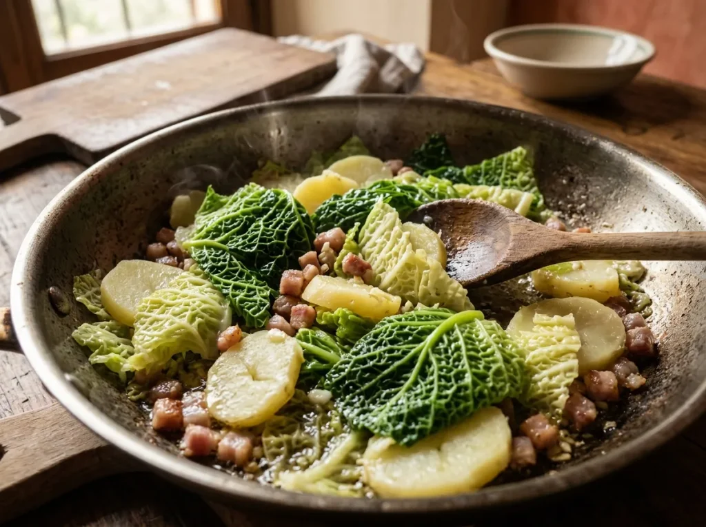 Cooked Savoy cabbage and potatoes mixed with browned pancetta