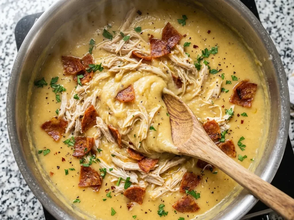 Creamy cassava soup mixed with shredded chicken and pepperoni