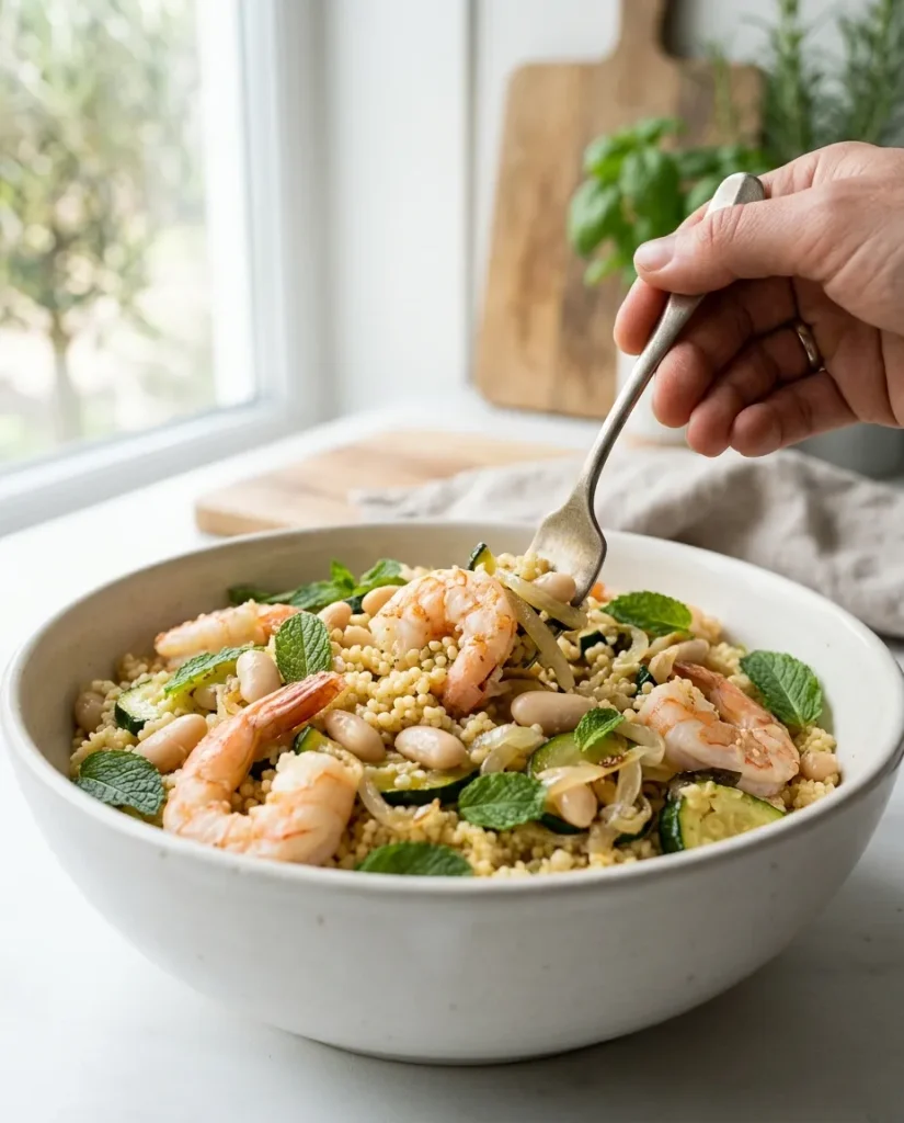 Couscous mixed with shrimp, cannellini beans, zucchini, and onions.
