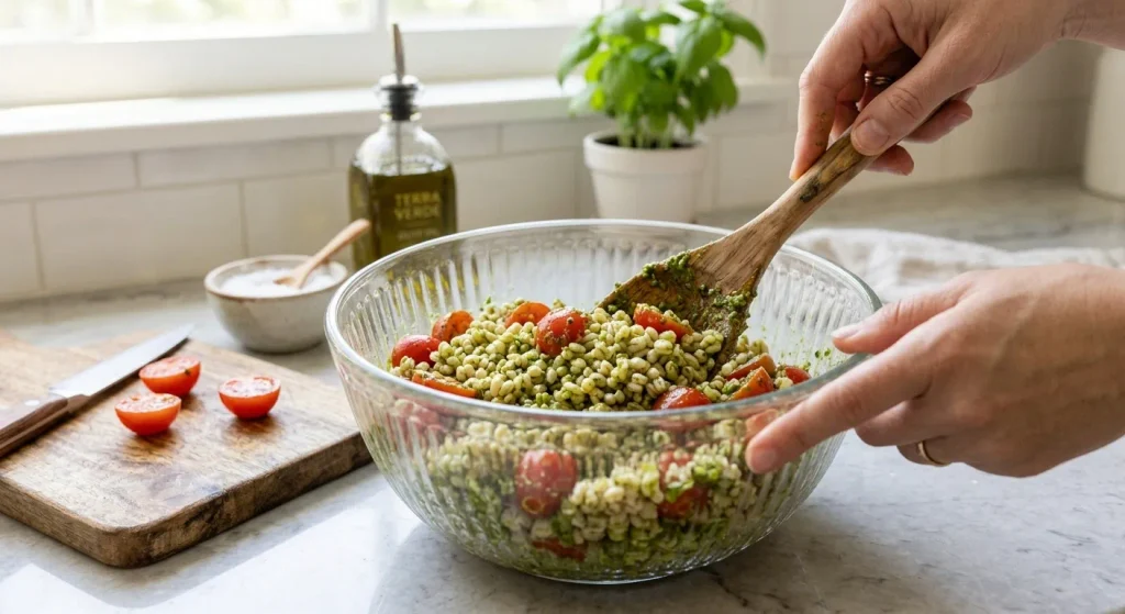 Pearl barley mixed with basil pesto and tomatoes for Barley Salad with Pesto