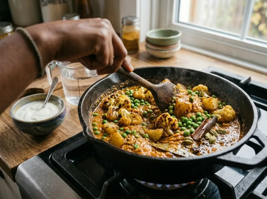 Roasted cauliflower potatoes and green peas folded into creamy masala gravy