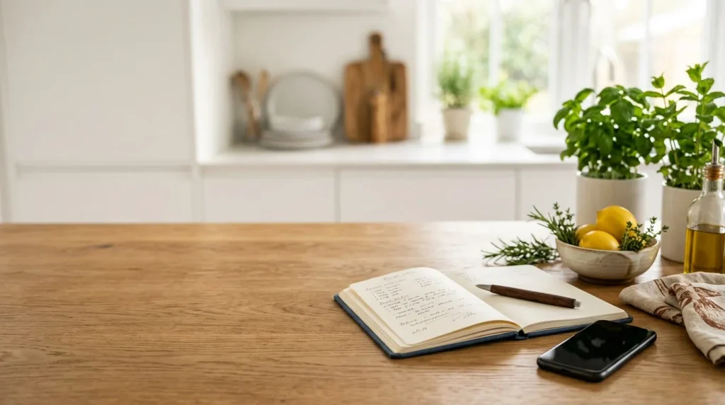 Contact DishCrave recipe website with a styled kitchen table and recipe notes