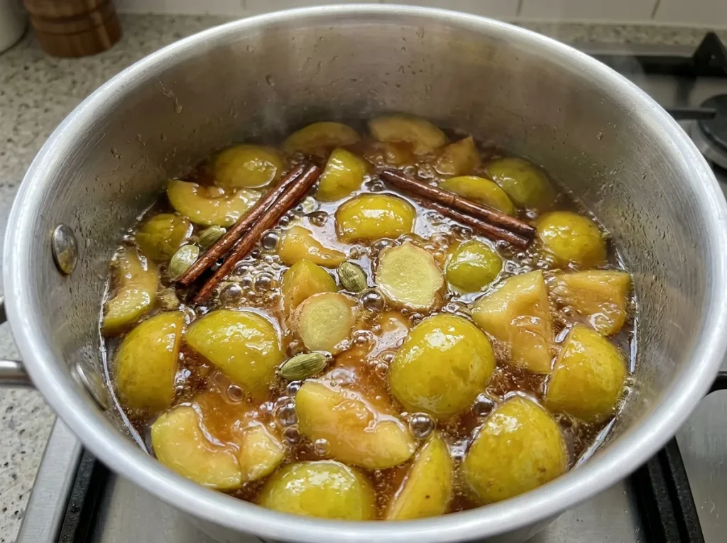 June plums simmering in spiced sugar syrup to make chutney