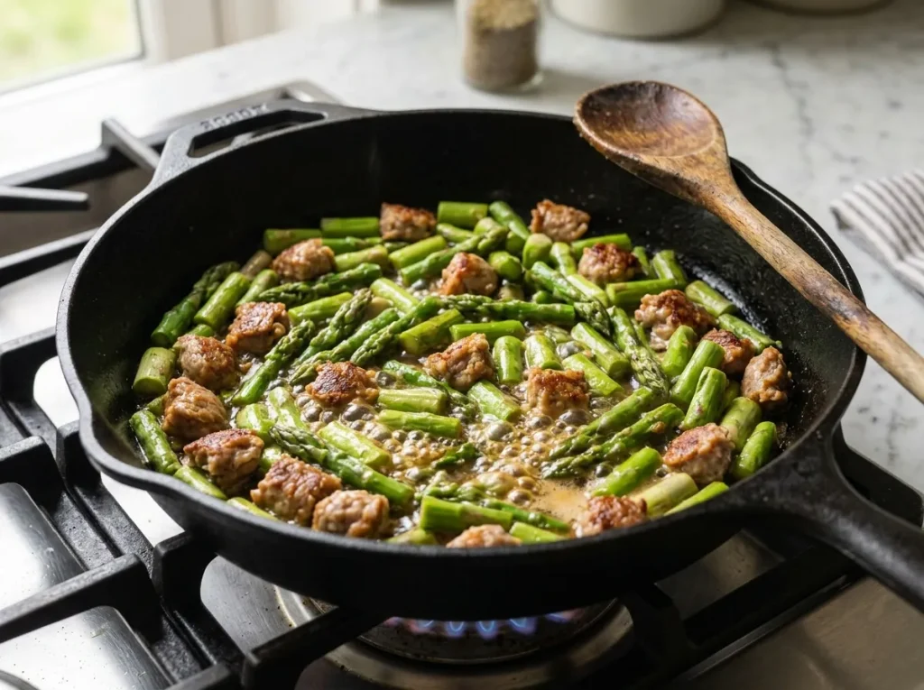 Cooking fresh asparagus with Italian sausage in a skillet