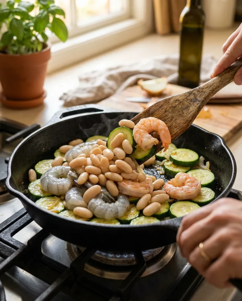 Cannellini beans and shrimp cooking with zucchini and onions.