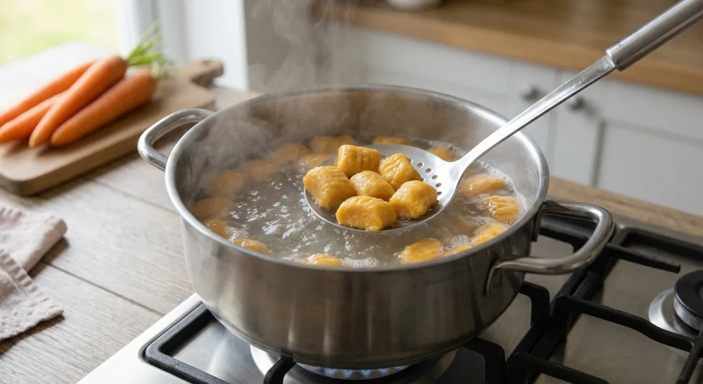 Carrot gnocchi cooking in boiling salted water