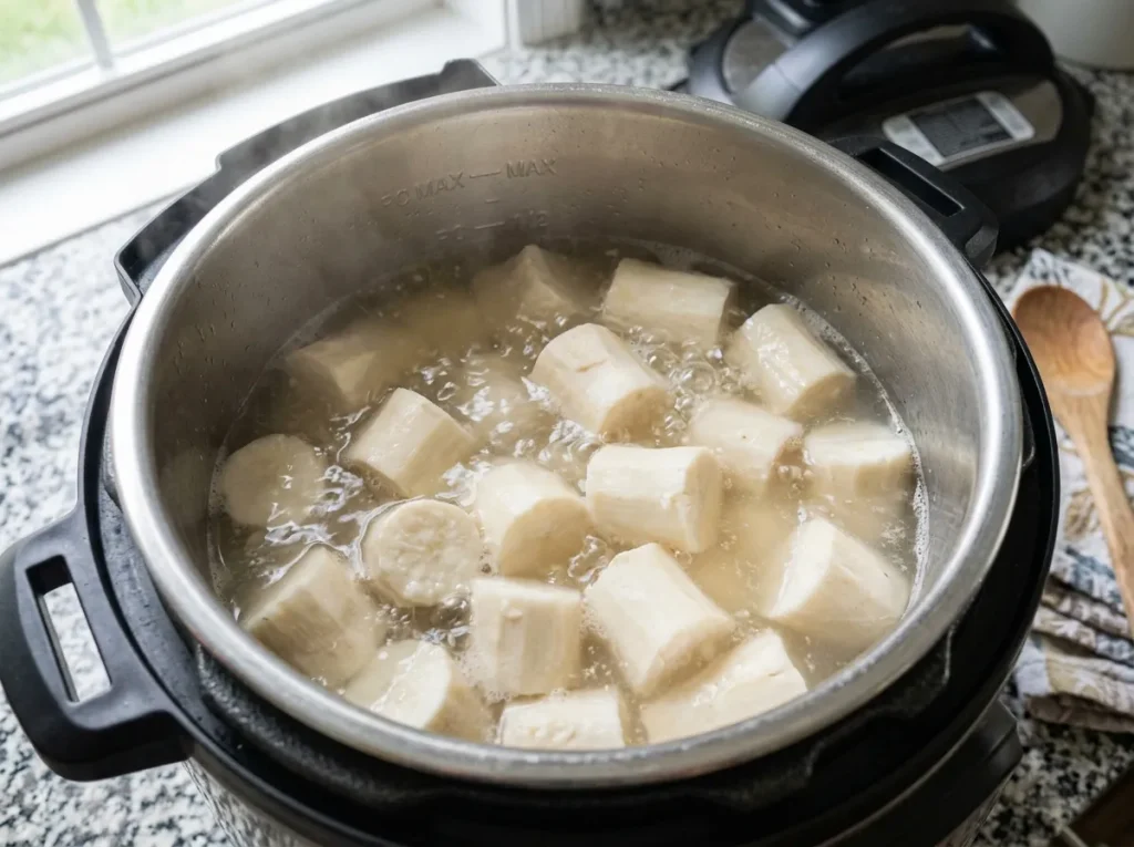 Peeled cassava chunks cooking in water until tender
