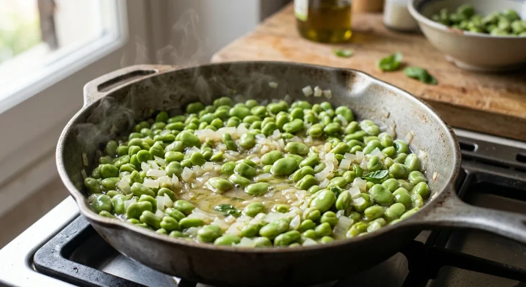 Fresh broad beans cooking with onion for an Italian fava bean omelette