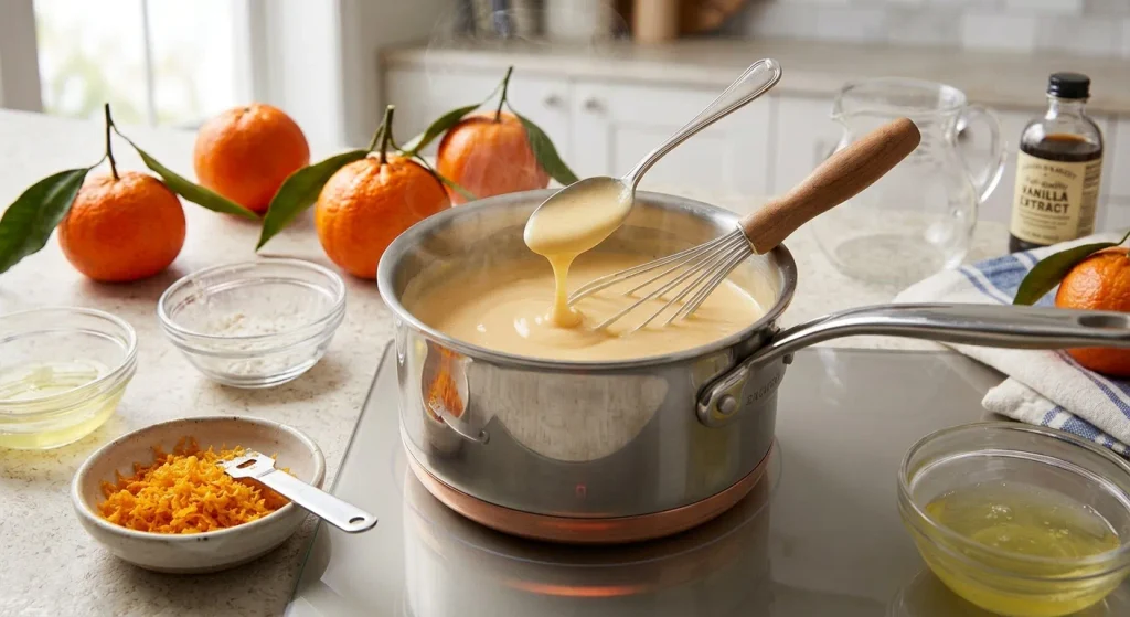 Mandarin custard cooking in a saucepan until smooth and thick