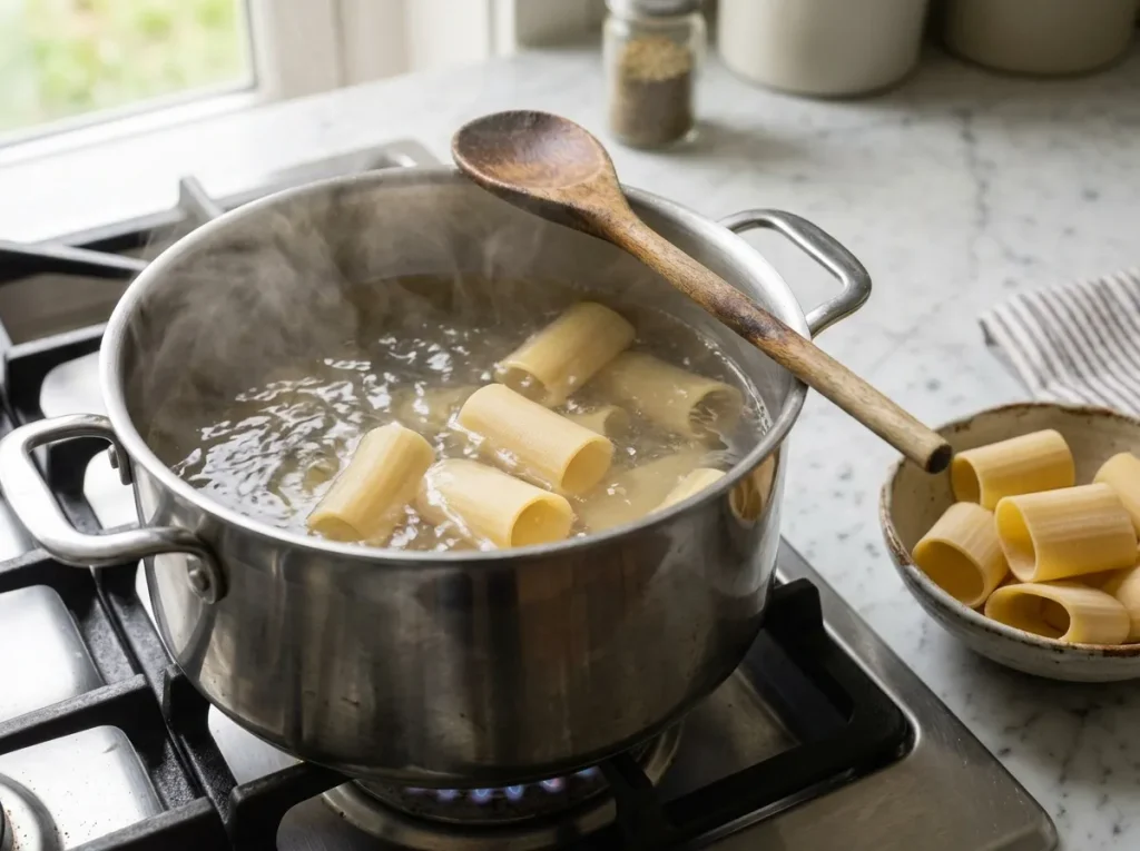 Paccheri pasta boiling in a pot of salted water