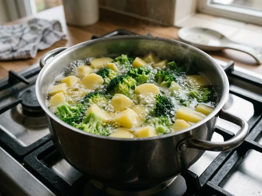 Potatoes and broccoli florets boiling in a pot