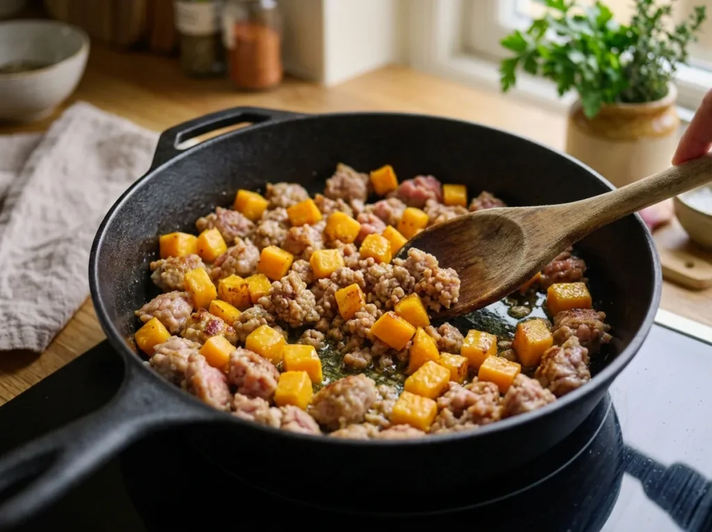 Pumpkin cubes cooking with crumbled Italian sausage in a frying pan