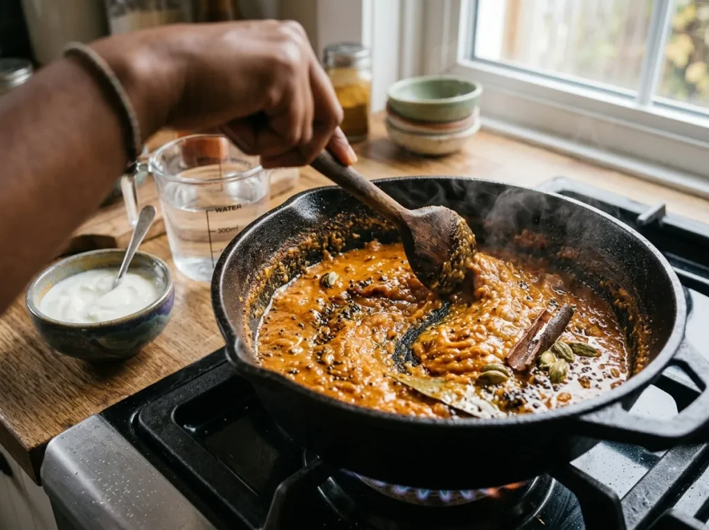 Roasted tomato cashew paste and Indian spices cooking into creamy curry gravy