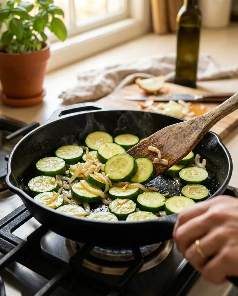 Sliced zucchini cooking with sautéed onions in a skillet.