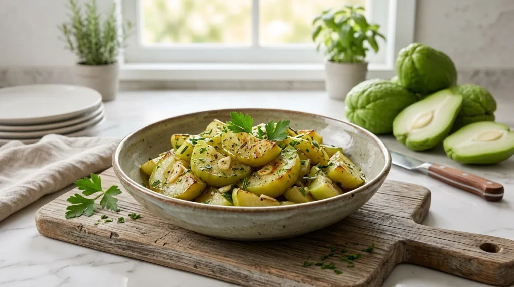 Cooked chayote seasoned with herbs and olive oil