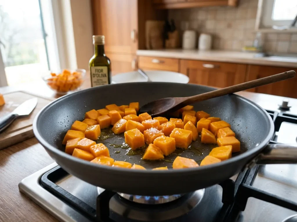Soft cooked pumpkin cubes ready to mash for pumpkin ricotta snowflakes