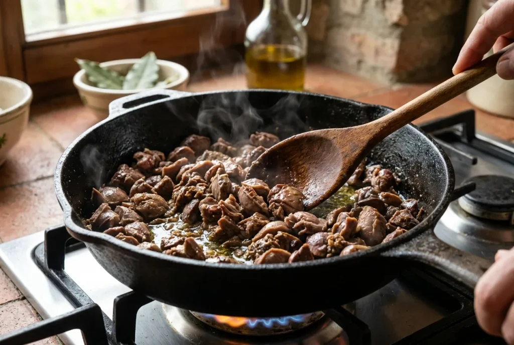 Chicken livers and gizzards cooking in a skillet