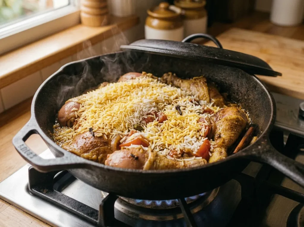 Chicken biryani rice simmering with saffron seasoning in a covered pot