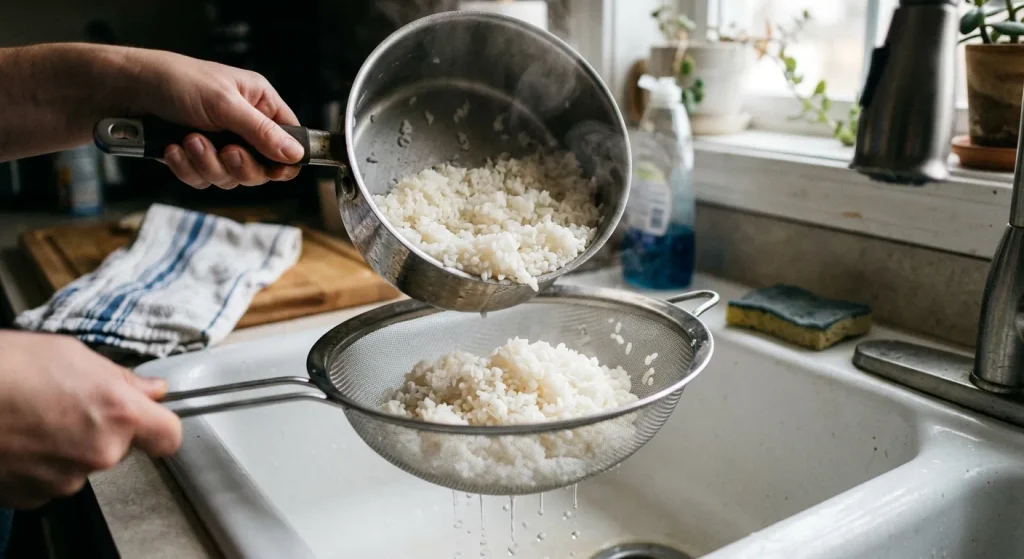 Cooked rice prepared for traditional Italian Bostrengo cake.