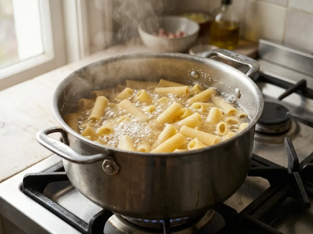 Rigatoni pasta boiling in salted water for Pasta del Maresciallo