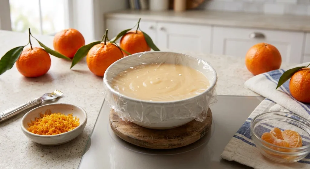 Freshly cooked mandarin cream covered with plastic wrap while cooling