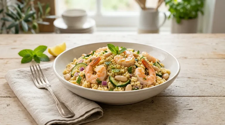 Couscous with beans and shrimp, zucchini, and fresh mint.