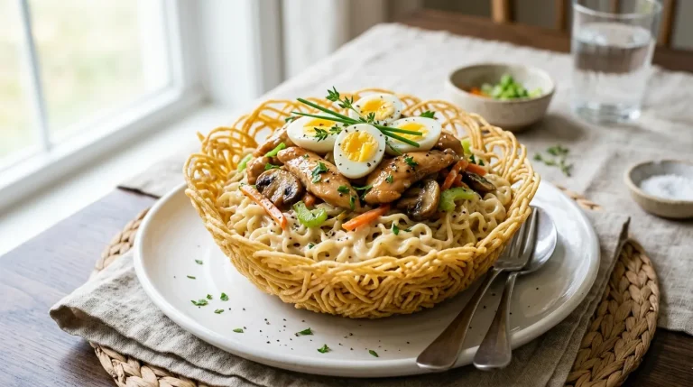 Creamy White Sauce Noodles served in a crispy edible basket topped with quail eggs.