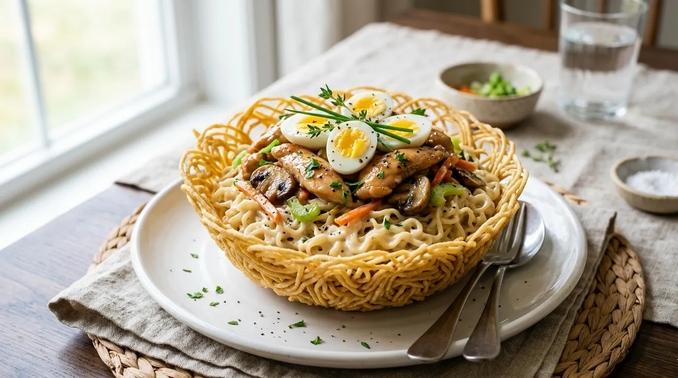 Creamy White Sauce Noodles served in a crispy edible basket topped with quail eggs.