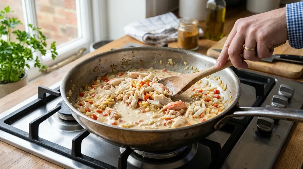 Cooking creamy crab filling with garlic onion and bell pepper