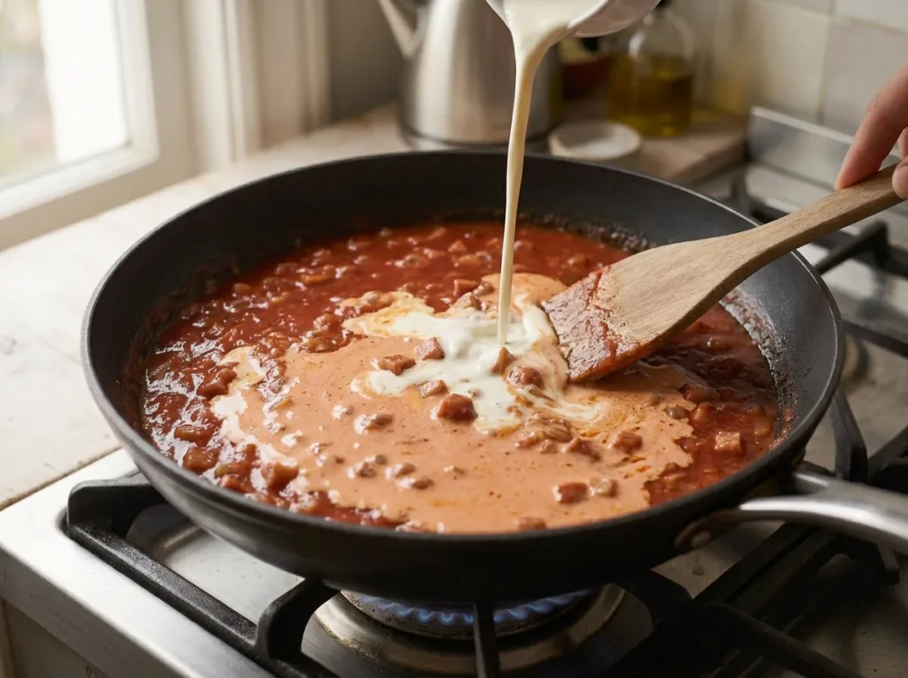 Fresh cream blended into tomato and bacon sauce to create a smooth creamy pasta sauce