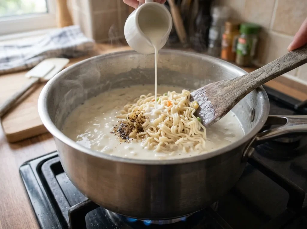 Cooked noodles coated in creamy white sauce