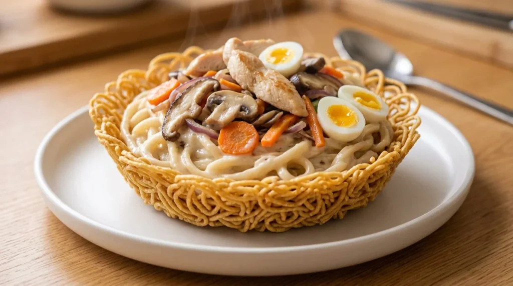 Creamy White Sauce Noodles served in a crispy basket with quail eggs