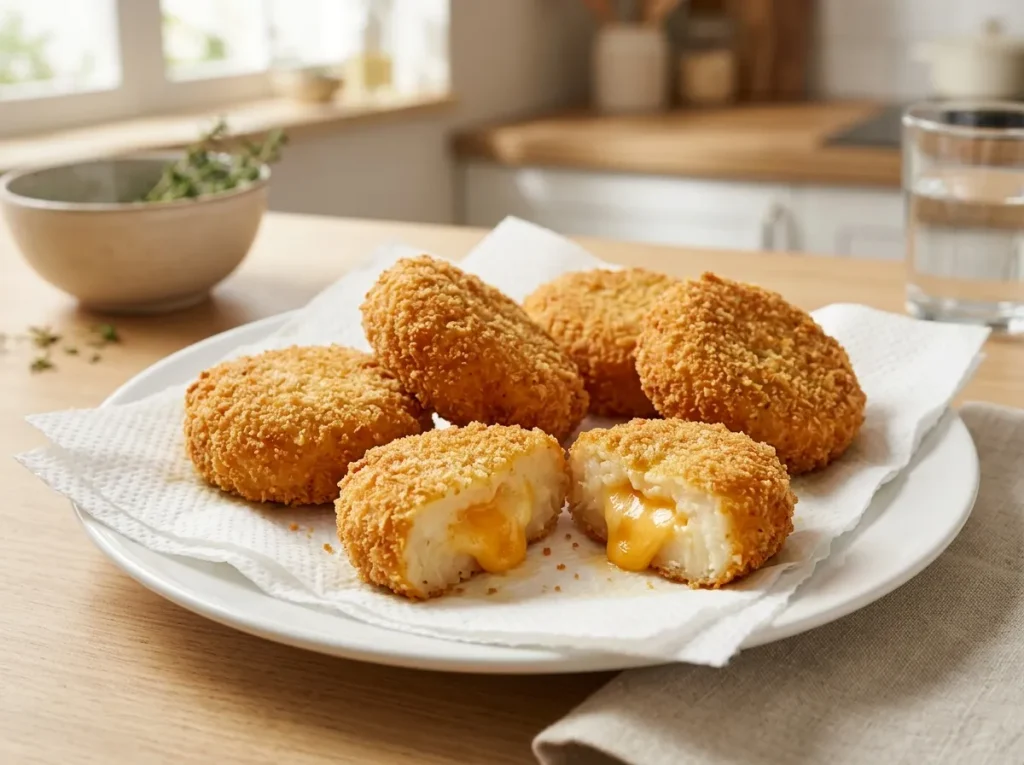 Golden cassava cheese cutlets with a cheddar cheese center ready to serve