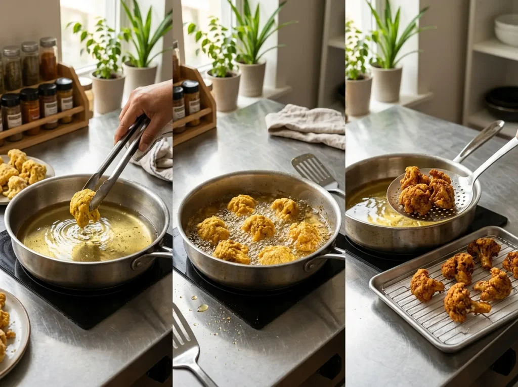 Golden battered cauliflower florets deep-frying in hot oil for Cauliflower Devilled
