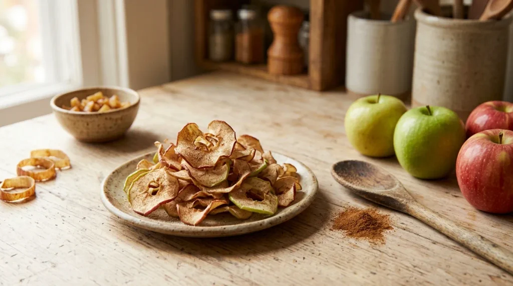 Crispy apple-peel chips sprinkled with cinnamon and sugar.