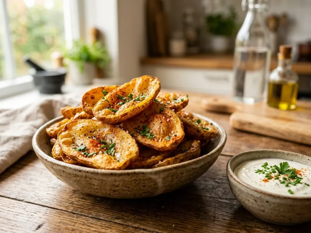 Crispy fried potato skins served with creamy garlic dipping sauce