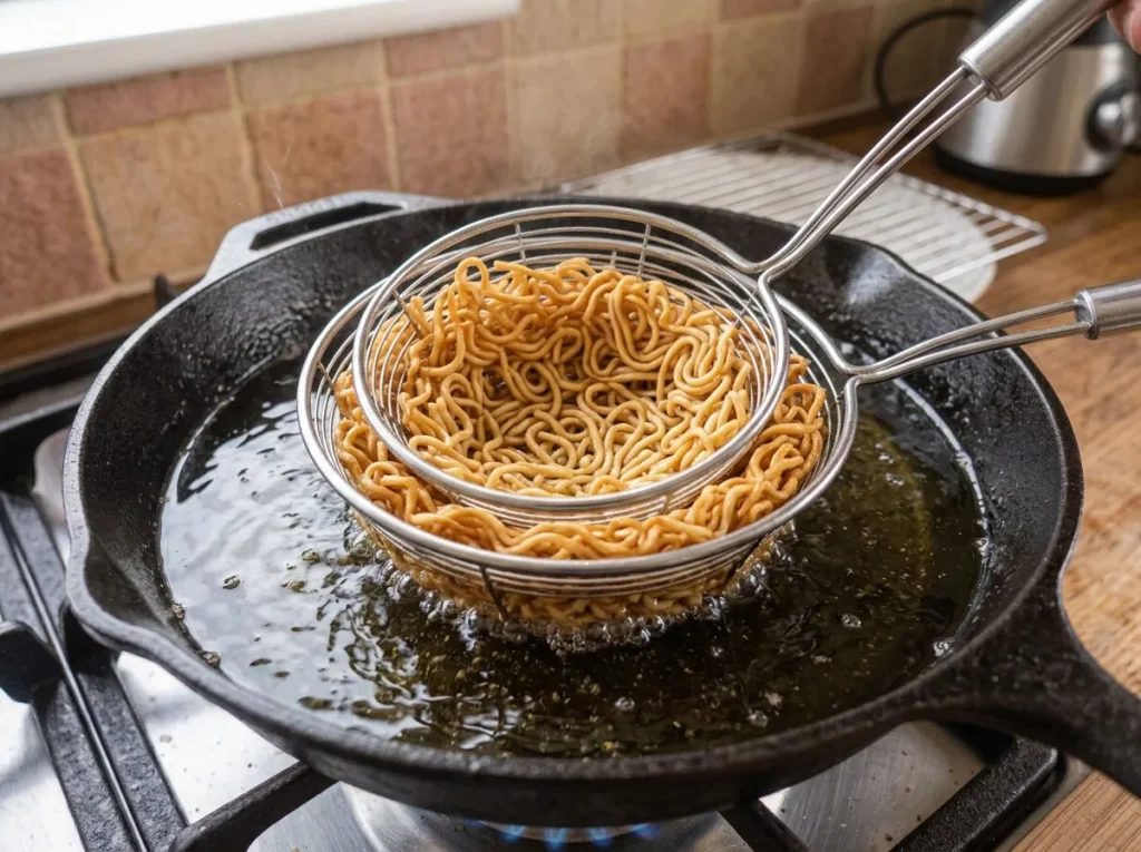 Golden crispy noodle basket shaped using metal ladles
