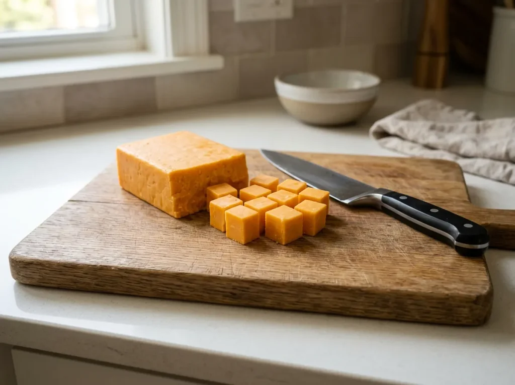 Cheddar cheese block cut into small cubes for cassava cutlets