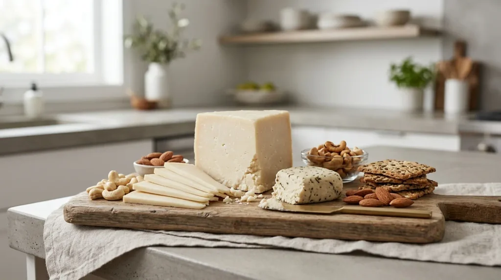 Plant-based cheese slices served with cashews and almonds on a wooden board.