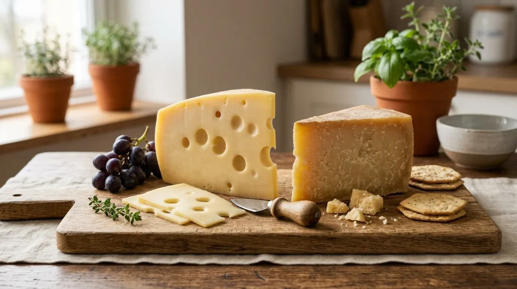 Emmental and Gruyère Swiss cheeses displayed together on a wooden board.