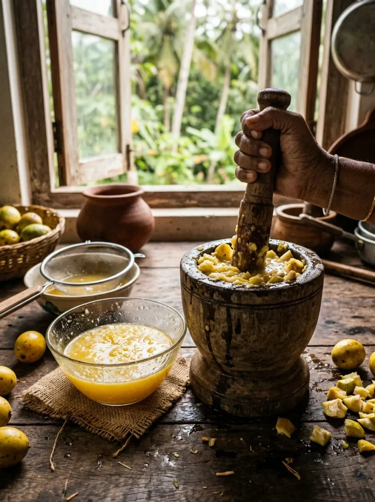 Crushing fresh ambarella June plum pieces with water to extract golden-yellow fruit juice.