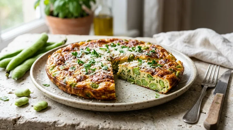 Golden Italian fava bean omelette with fresh broad beans, eggs, and Parmesan cheese.