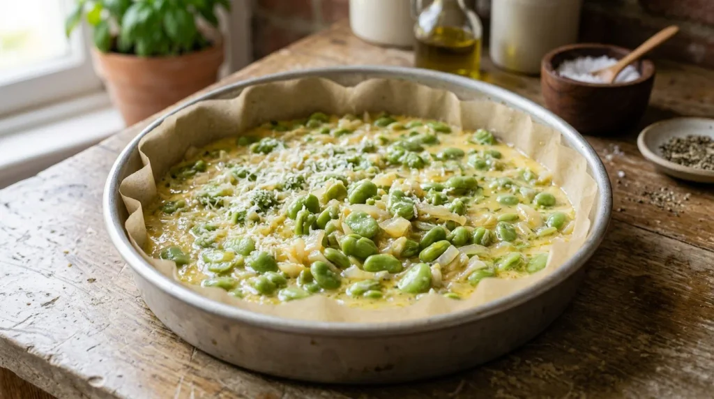 Fava bean omelette mixture in a parchment-lined baking pan before baking