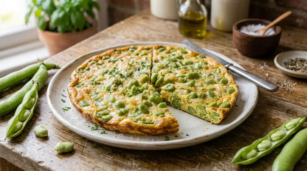 Sliced Italian fava bean omelette with golden eggs and tender green broad beans